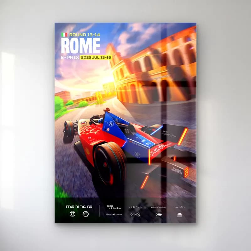 Roma E-Prix Kolezyum Posteri cam tablo — Roma Kolezyumu önünde viraja giren kırmızı mavi Formula E aracı
