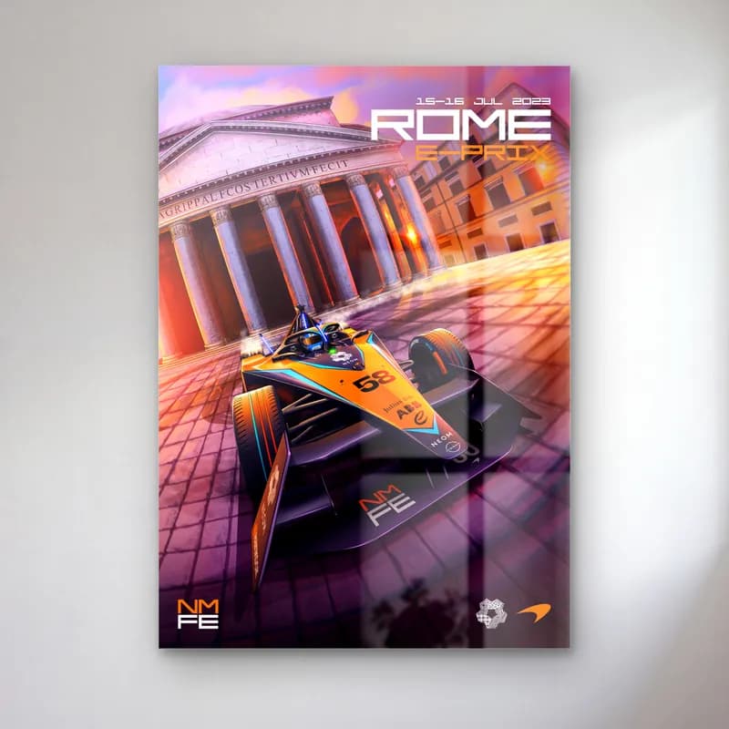 Roma E-Prix Pantheon Posteri cam tablo — Roma Pantheon önünde parke yolda yarışan turuncu Formula E aracı