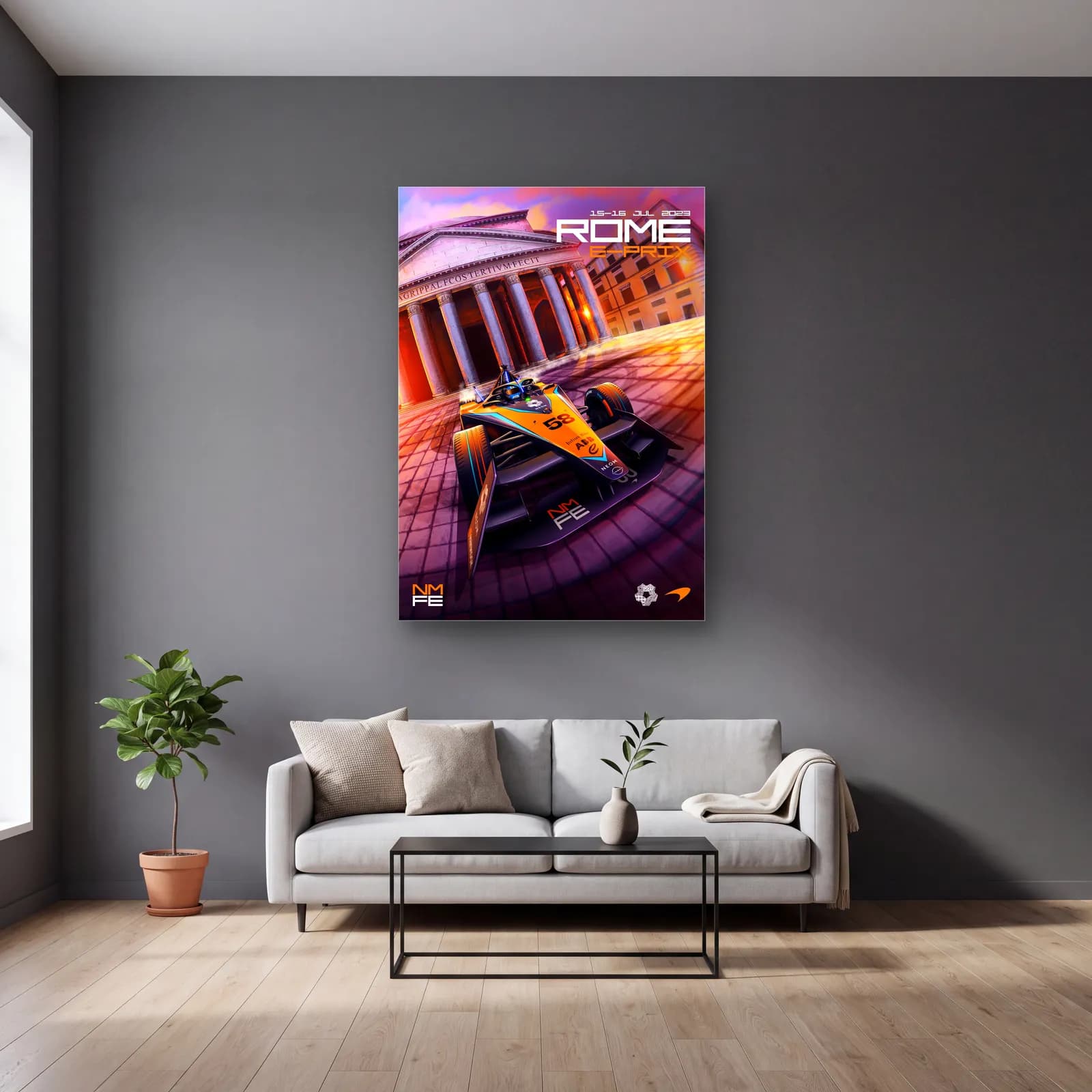 Roma E-Prix Pantheon Posteri cam tablo — gri duvarlı salonda