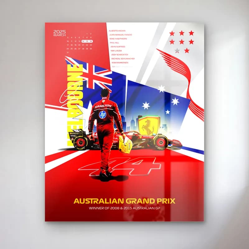 Melbourne Grand Prix Hamilton Posteri cam tablo — Avustralya bayrağı önünde yürüyen 44 numaralı Ferrari pilotu ve aracı