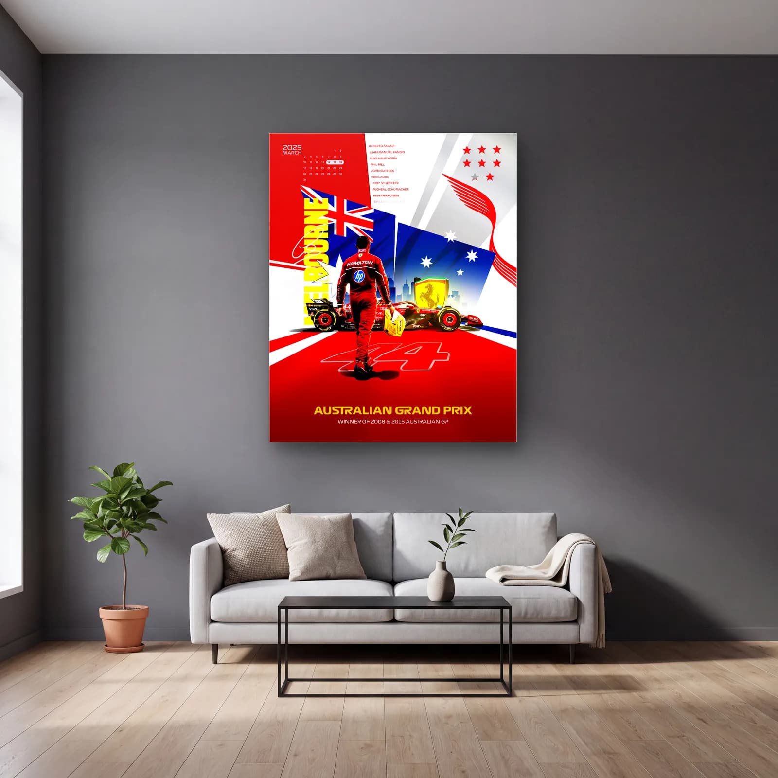 Melbourne Grand Prix Hamilton Posteri cam tablo — gri duvarlı salonda