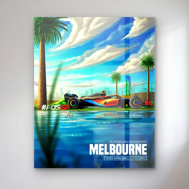 Melbourne Grand Prix Palmiye Posteri cam tablo — Palmiyeli göl kenarında Melbourne pistinde turuncu mavi F1 aracı