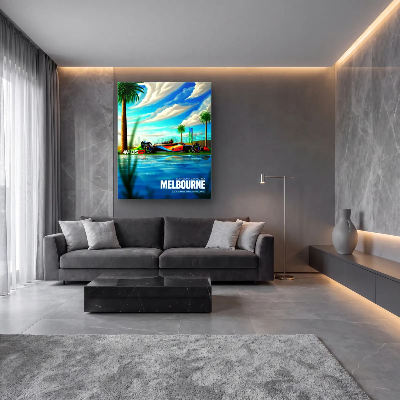 Melbourne Grand Prix Palmiye Posteri cam tablo — lüks salon duvarında