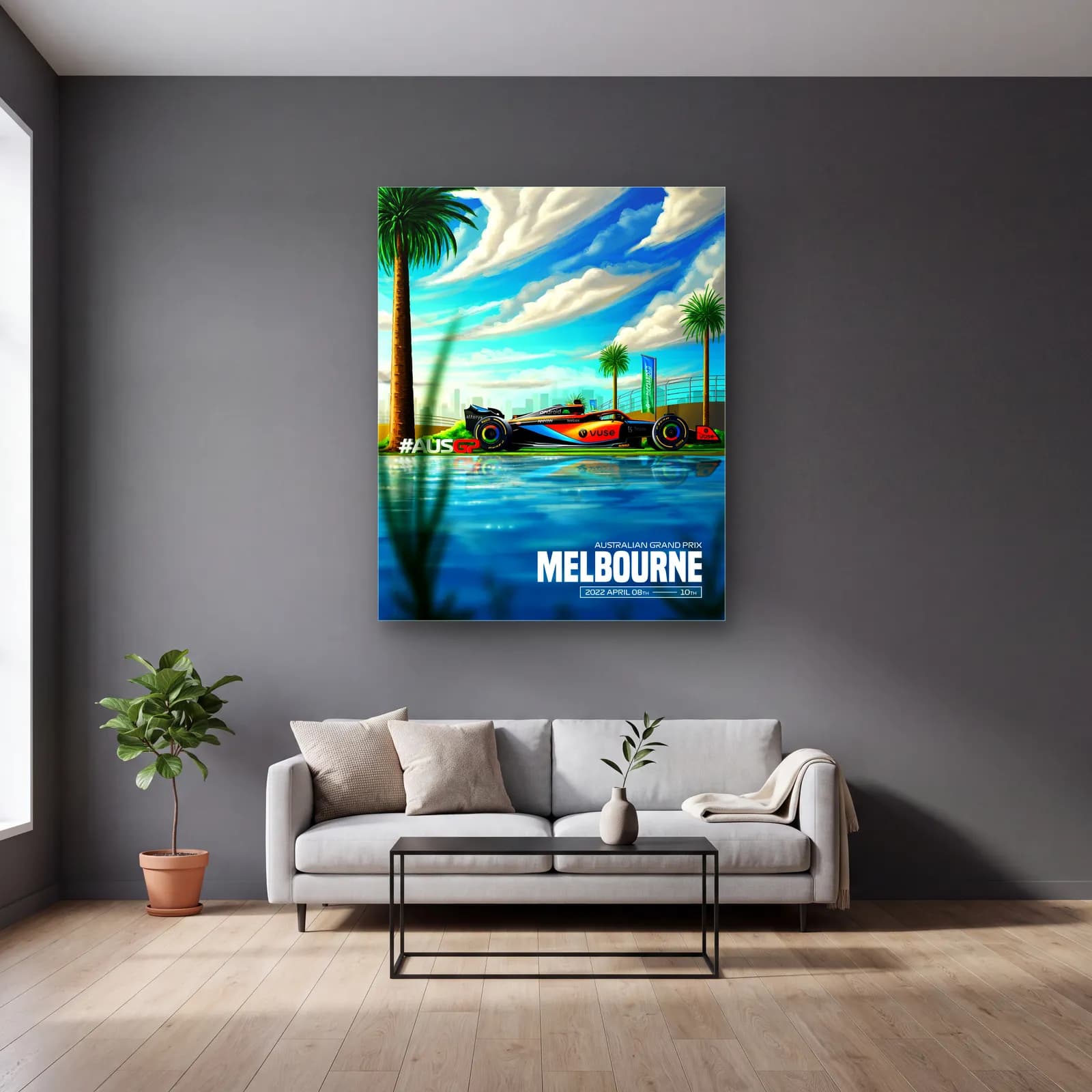 Melbourne Grand Prix Palmiye Posteri cam tablo — gri duvarlı salonda