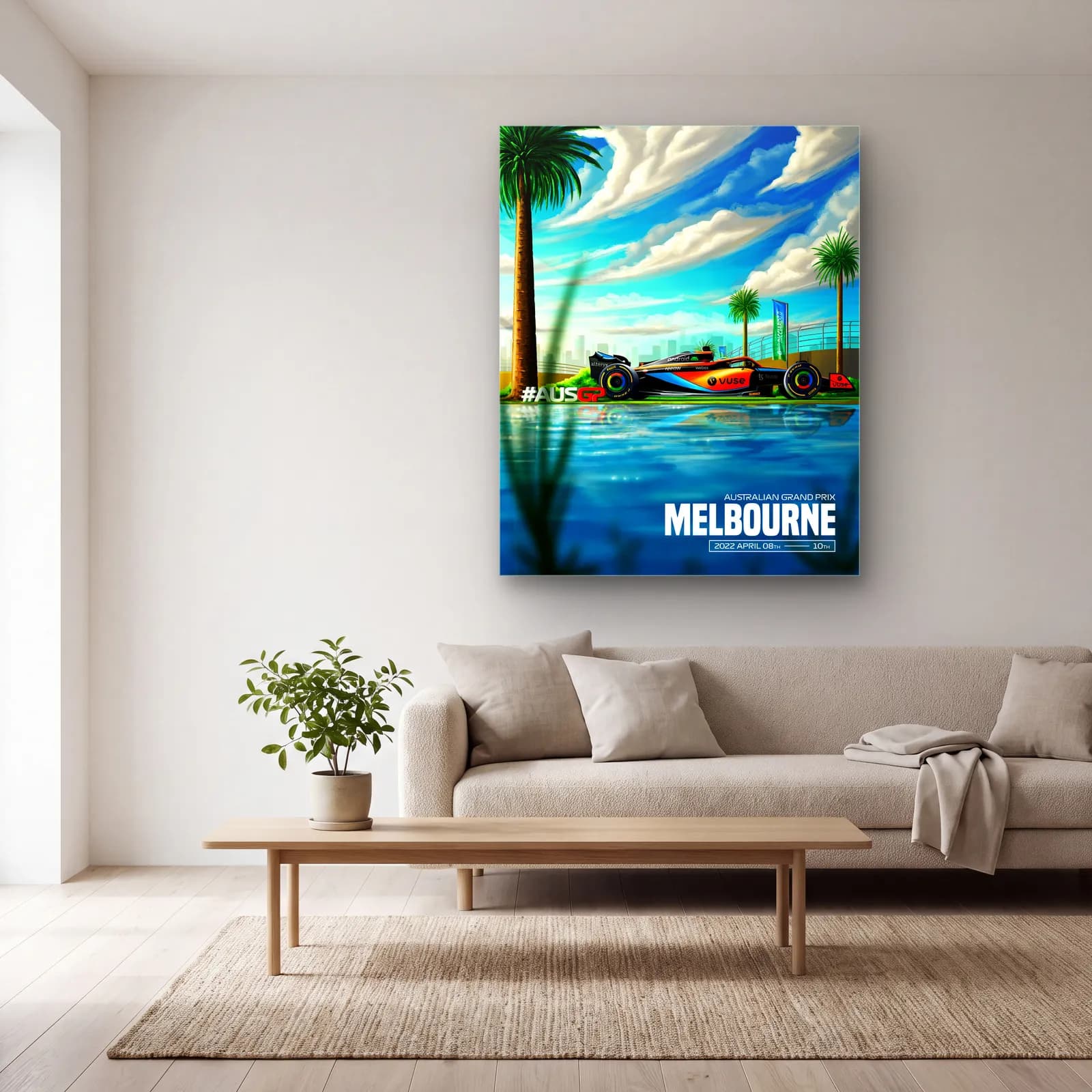 Melbourne Grand Prix Palmiye Posteri cam tablo — açık renk salonda