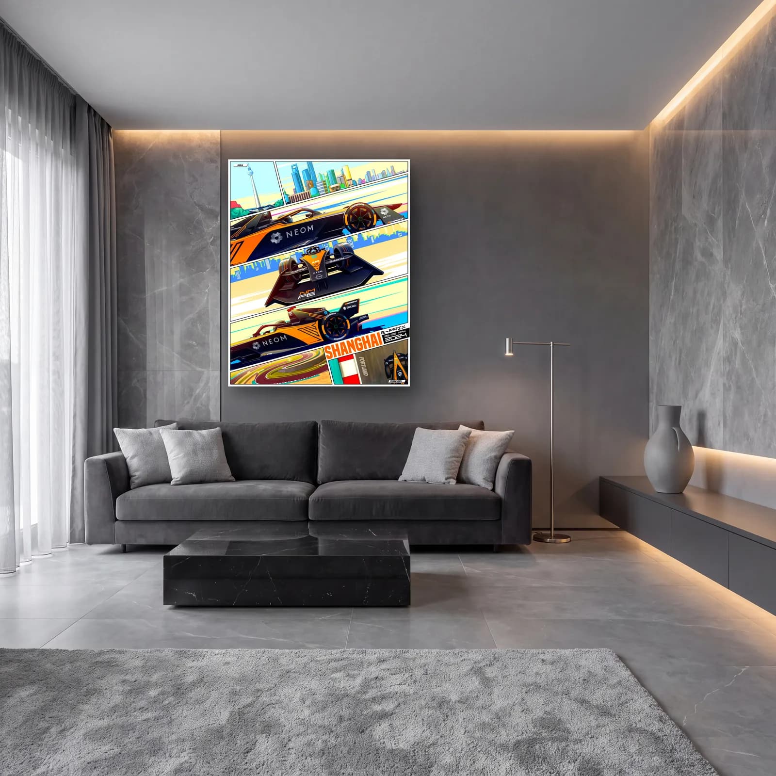 Şanghay E-Prix Çizgi Roman Posteri cam tablo — lüks salon duvarında