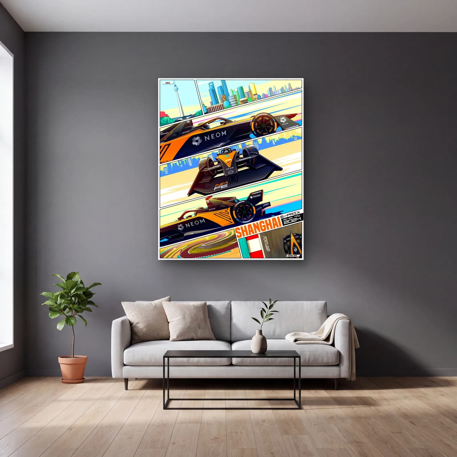 Şanghay E-Prix Çizgi Roman Posteri cam tablo — gri duvarlı salonda