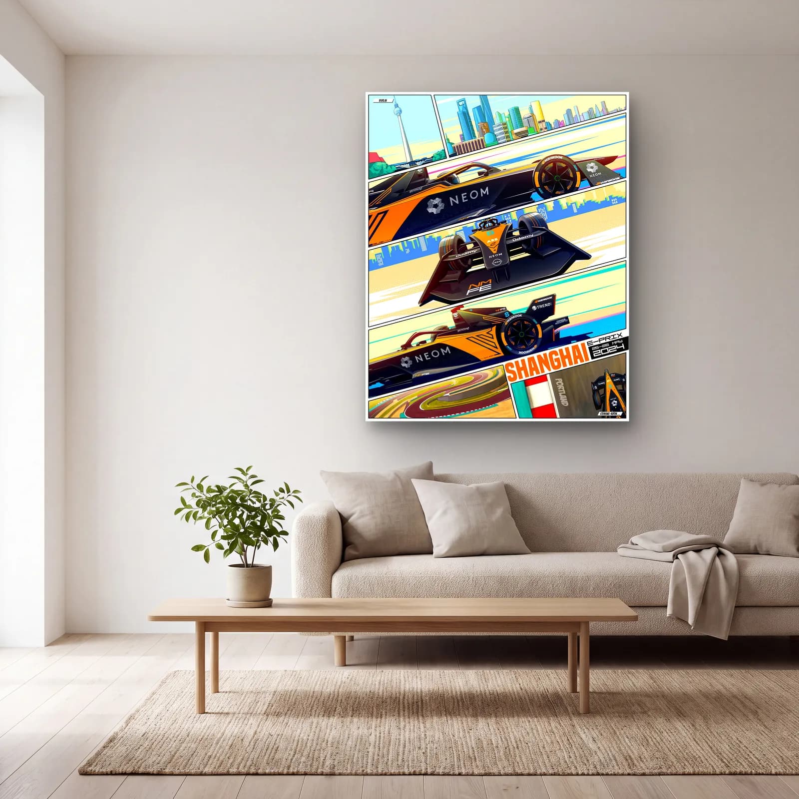 Şanghay E-Prix Çizgi Roman Posteri cam tablo — açık renk salonda
