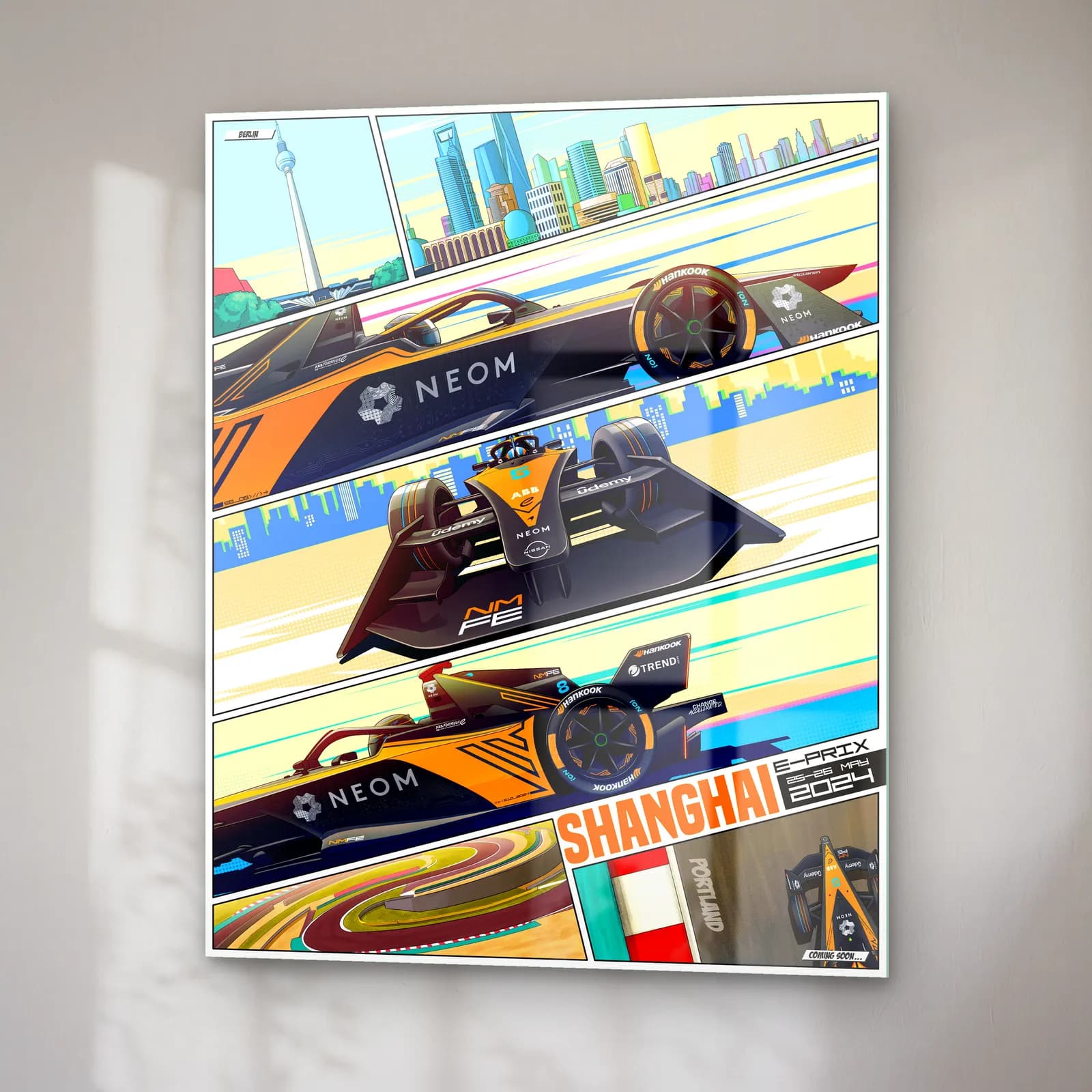 Şanghay E-Prix Çizgi Roman Posteri cam tablo — sağ açıdan görünüm