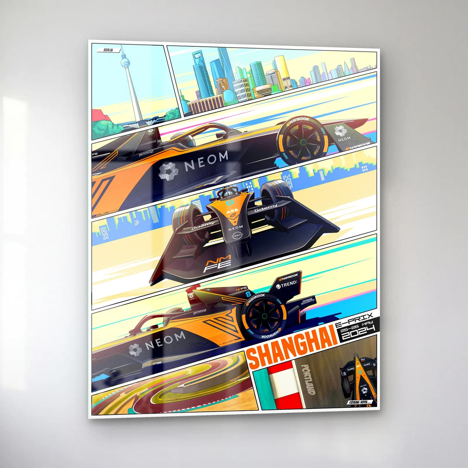 Şanghay E-Prix Çizgi Roman Posteri cam tablo — sol açıdan görünüm