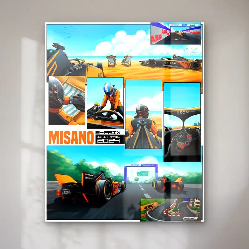Misano E-Prix Çizgi Roman Posteri cam tablo — Misano E-Prix pilot ve turuncu yarış aracı çizgi roman kareleri