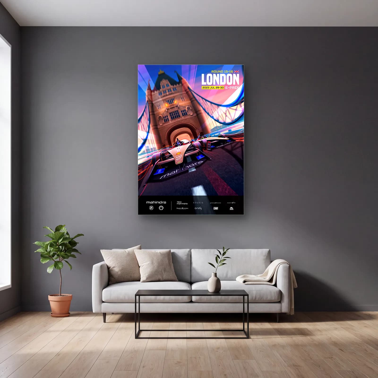 Londra E-Prix Tower Bridge Posteri cam tablo — gri duvarlı salonda