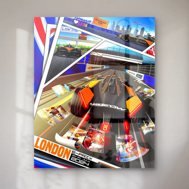 Londra E-Prix Çizgi Roman Posteri cam tablo — Londra temalı çizgi roman panellerinde turuncu Formula E aracı
