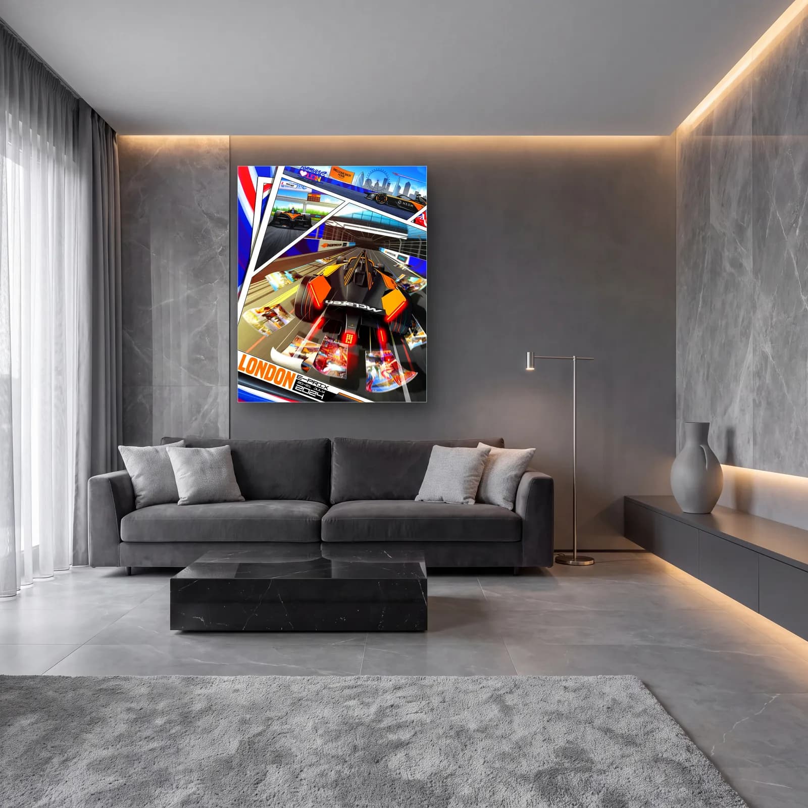 Londra E-Prix Çizgi Roman Posteri cam tablo — lüks salon duvarında