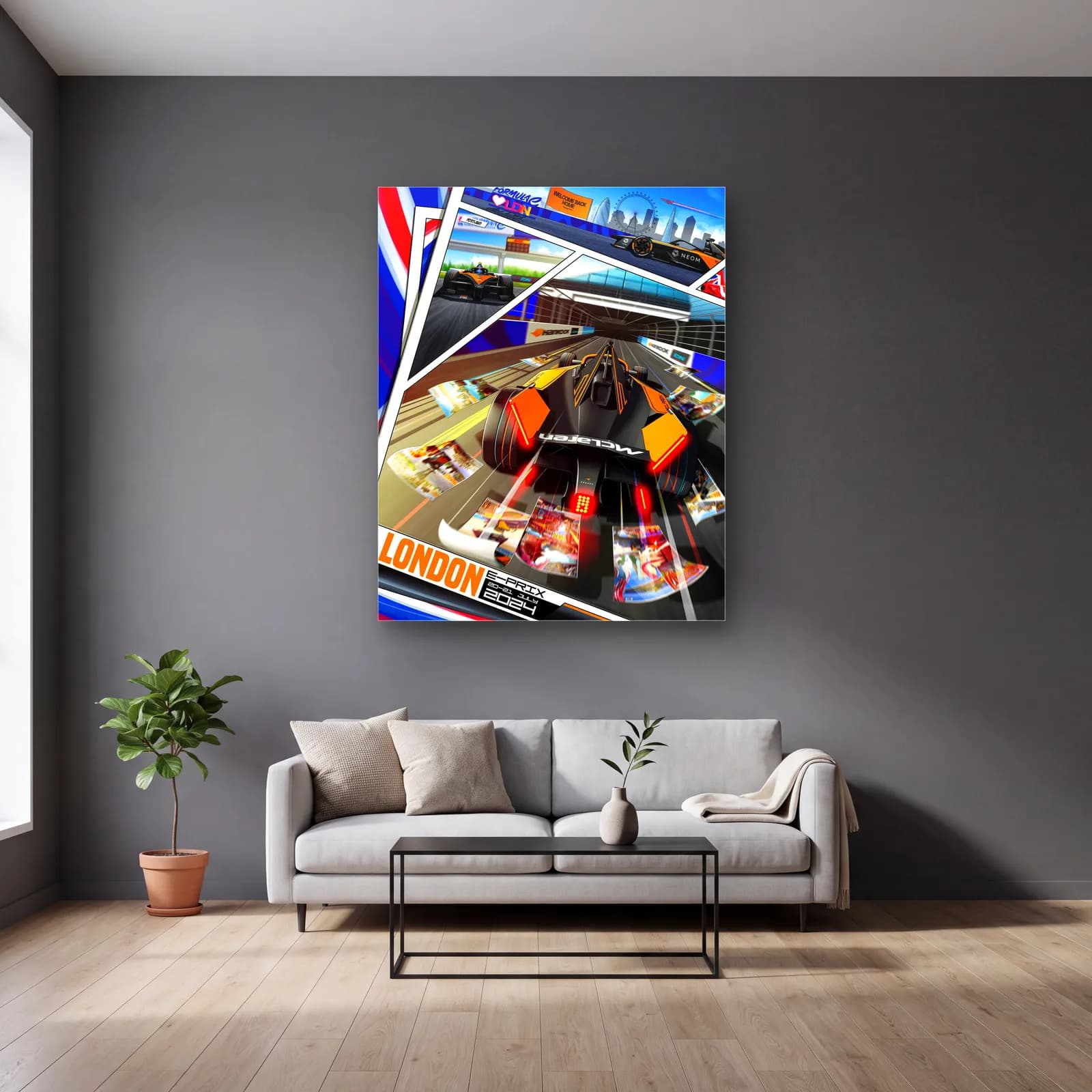 Londra E-Prix Çizgi Roman Posteri cam tablo — gri duvarlı salonda