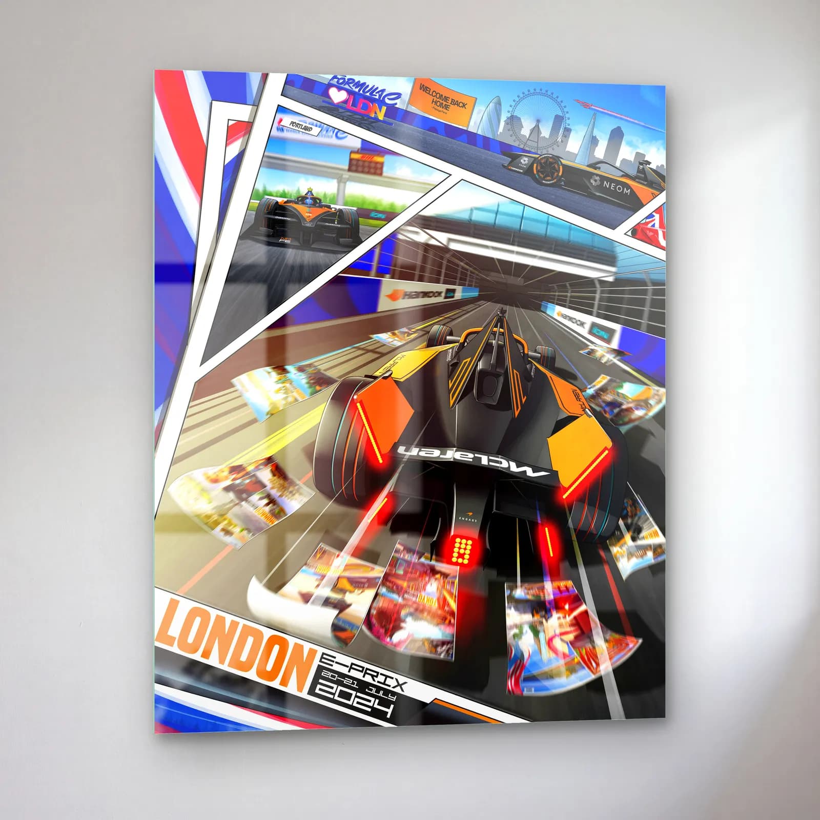 Londra E-Prix Çizgi Roman Posteri cam tablo — sol açıdan görünüm