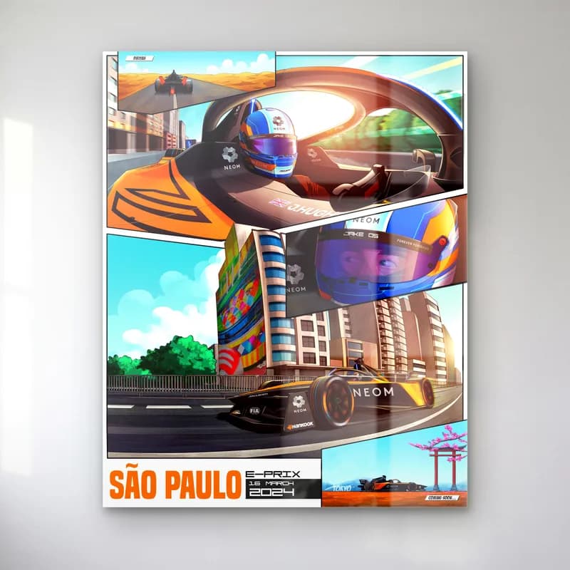 São Paulo E-Prix Çizgi Roman Posteri cam tablo — São Paulo sokakları ve kokpit görüşünü içeren çizgi roman yarış kareleri