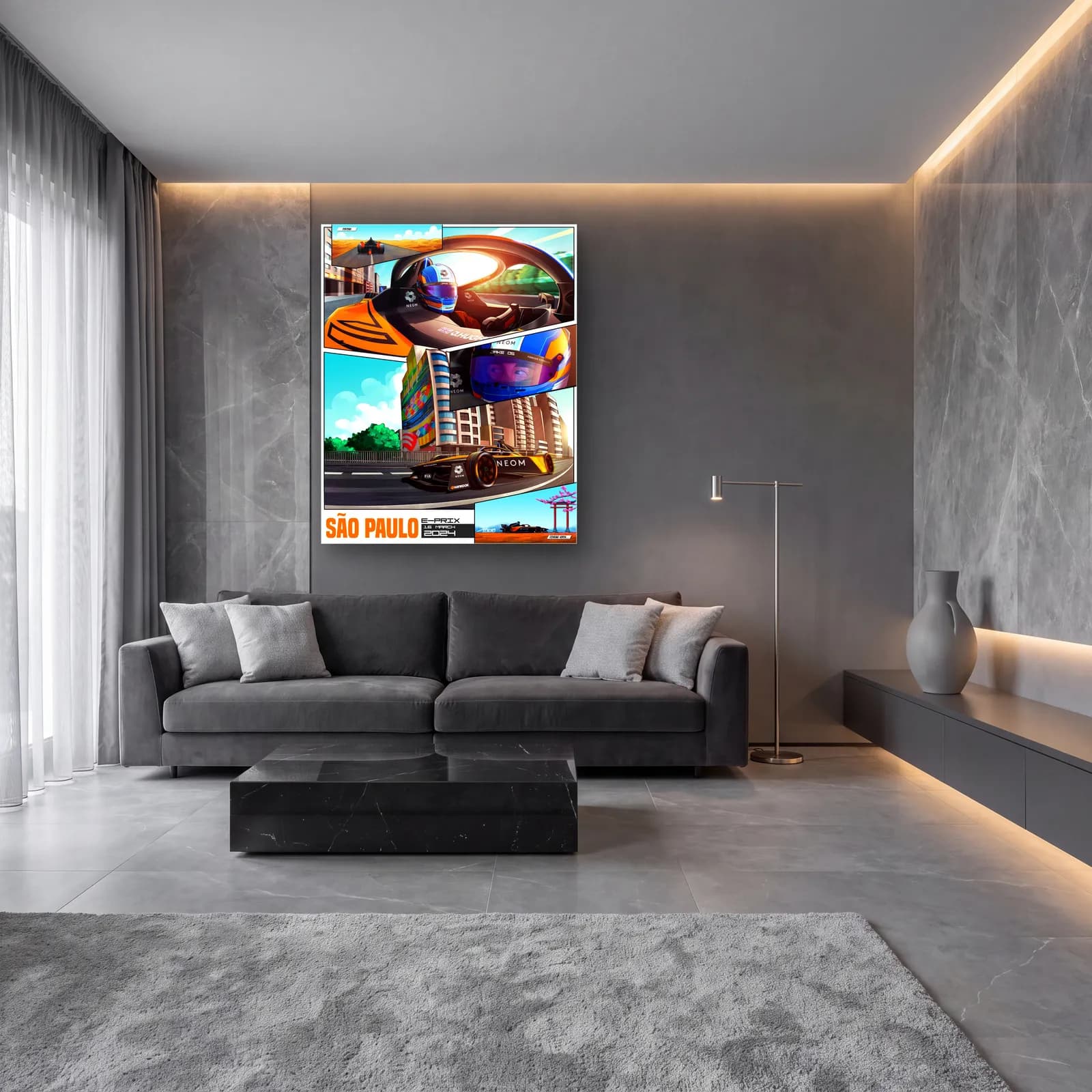 São Paulo E-Prix Çizgi Roman Posteri cam tablo — lüks salon duvarında