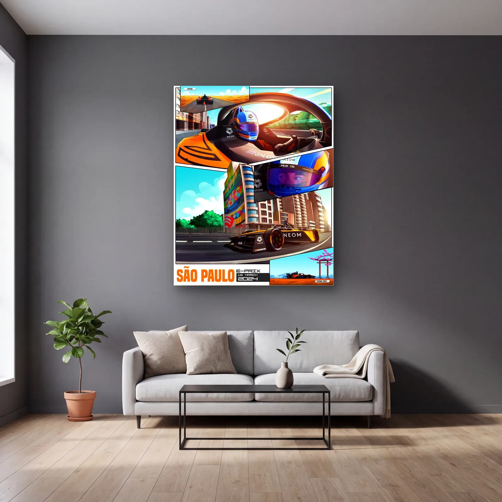São Paulo E-Prix Çizgi Roman Posteri cam tablo — gri duvarlı salonda