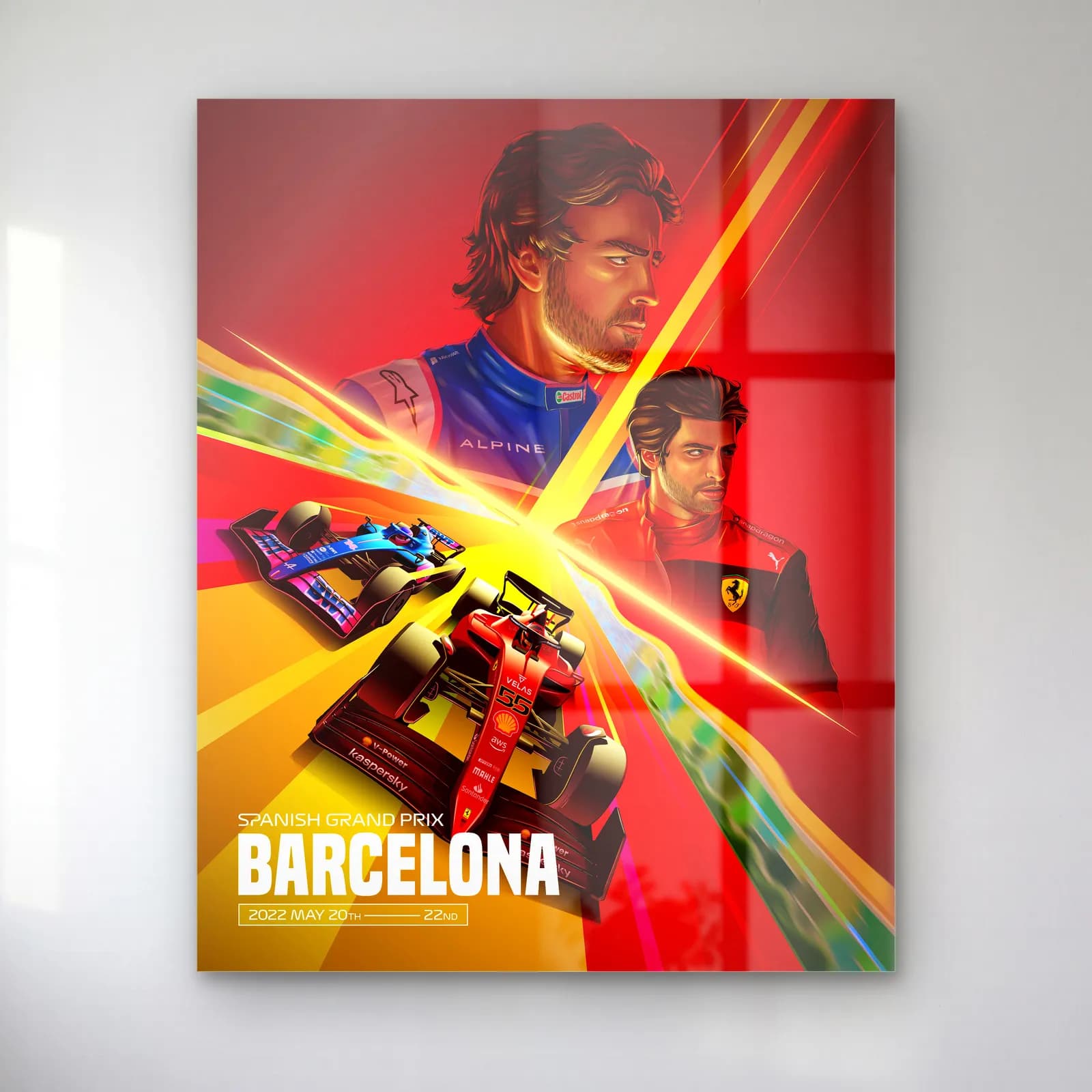 Barcelona Grand Prix Posteri cam tablo — İki F1 pilotu portresi önünde kırmızı Ferrari aracı, Barcelona yazısı