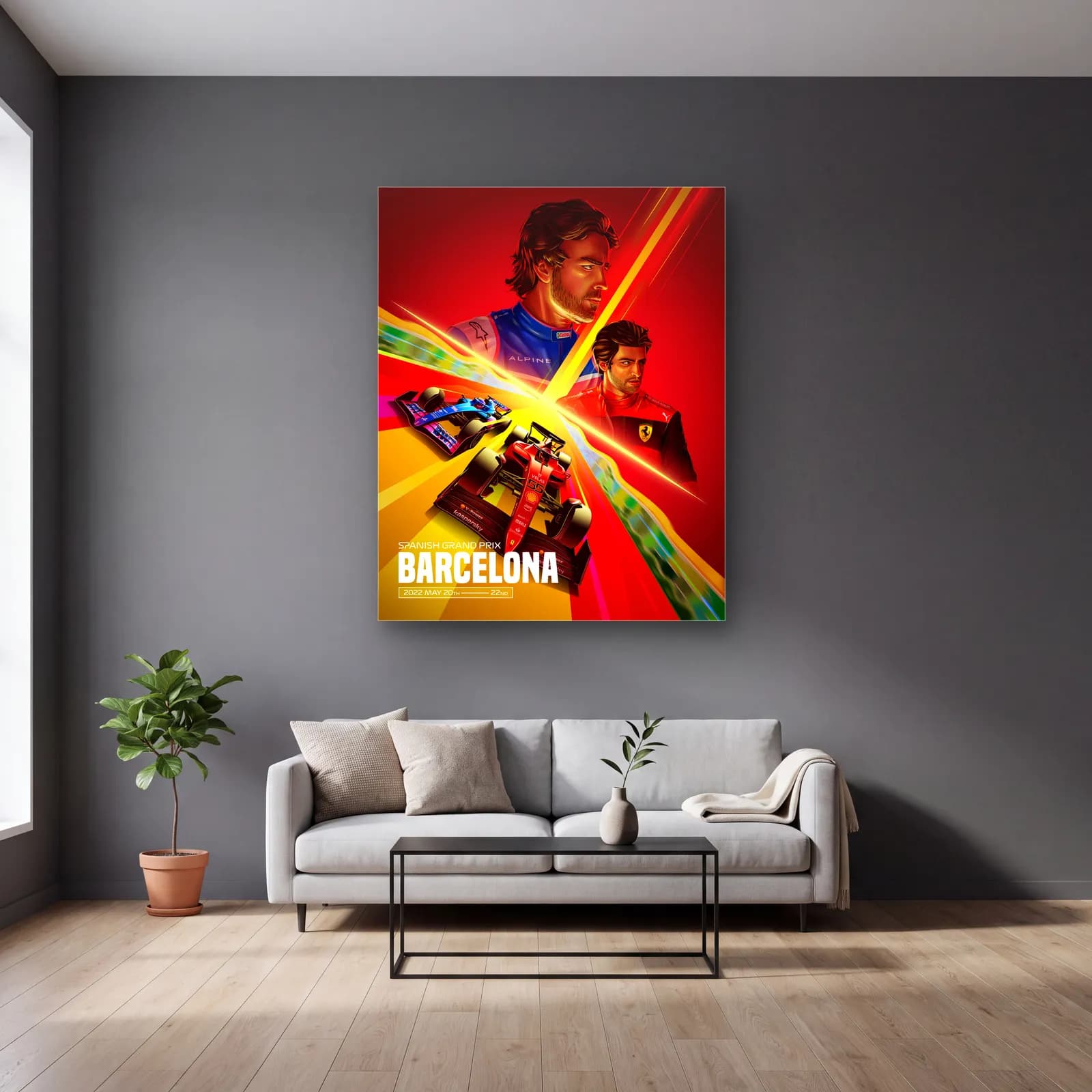 Barcelona Grand Prix Posteri cam tablo — gri duvarlı salonda
