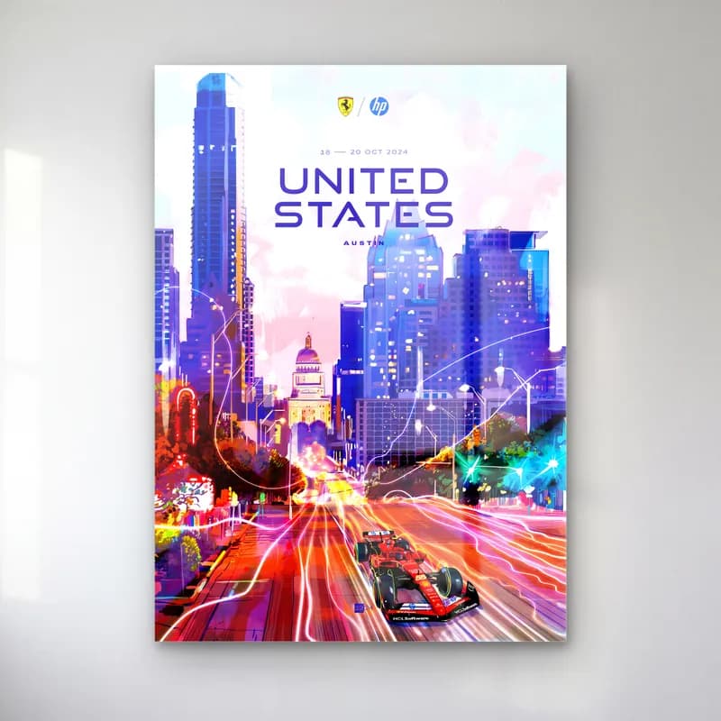 Austin ABD Grand Prix Posteri cam tablo — Austin gökdelenleri arasında ışık izi bırakan F1 aracı, United States yazısı