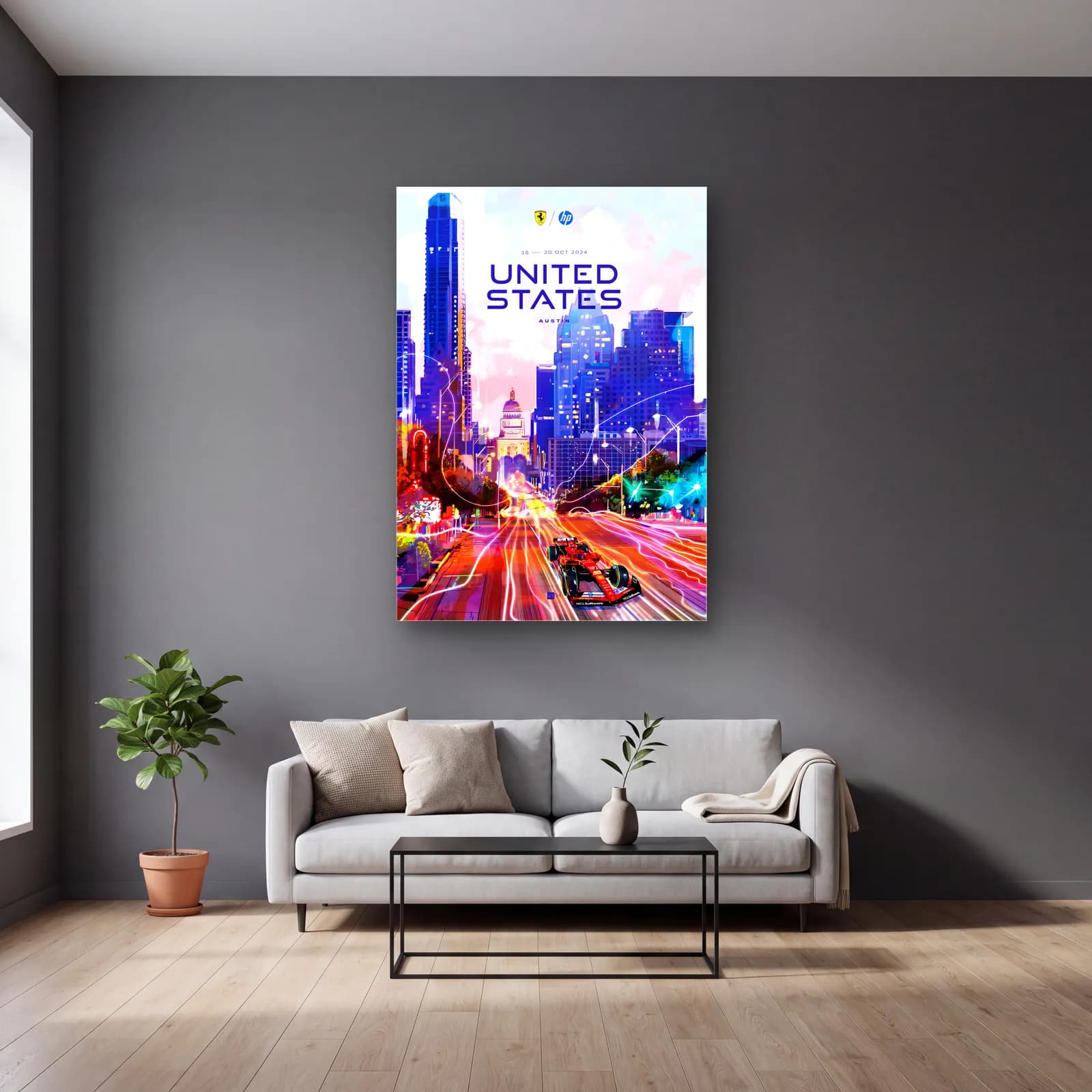 Austin ABD Grand Prix Posteri cam tablo — gri duvarlı salonda