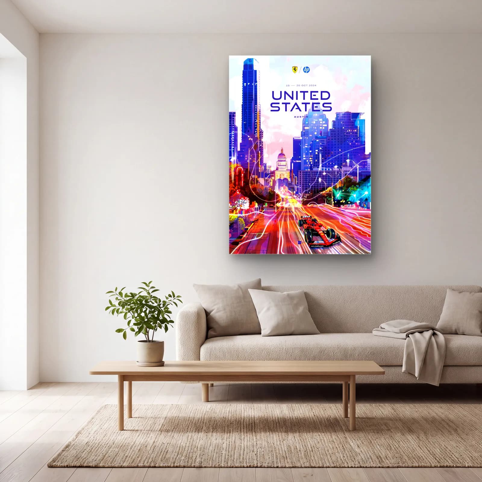 Austin ABD Grand Prix Posteri cam tablo — açık renk salonda