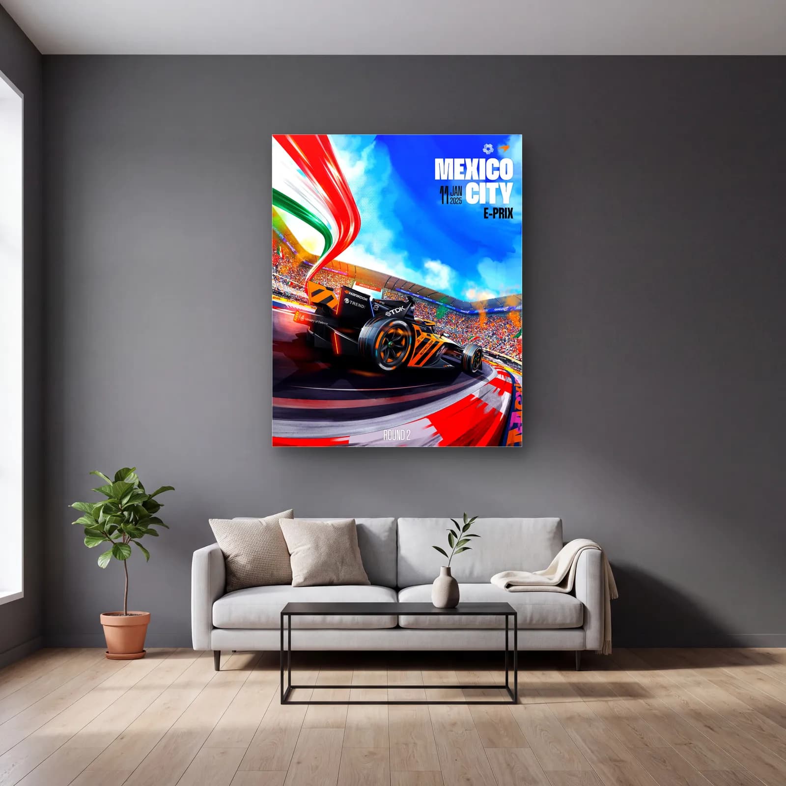 Mexico City E-Prix Tribün Posteri cam tablo — gri duvarlı salonda