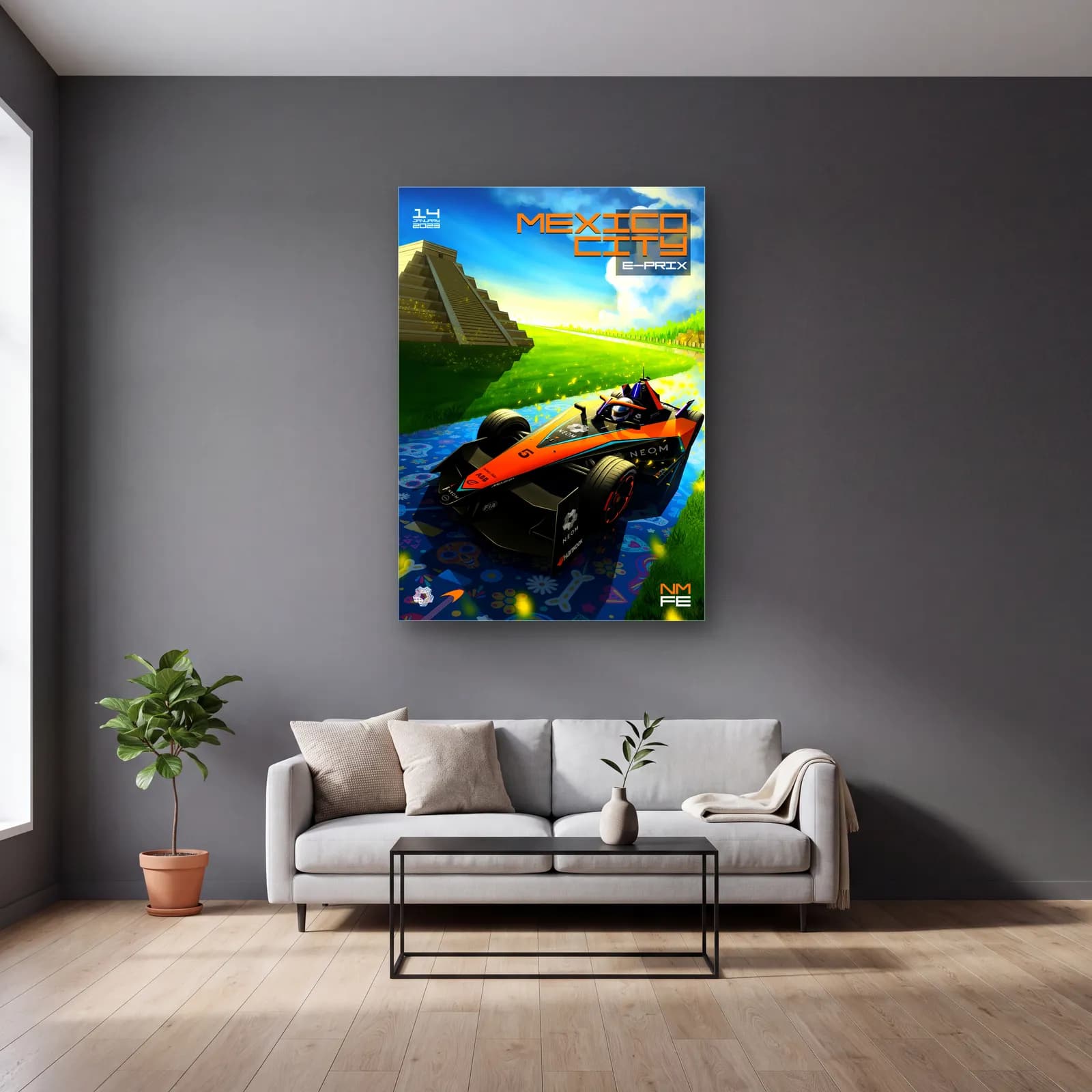 Mexico City E-Prix Piramit Posteri cam tablo — gri duvarlı salonda