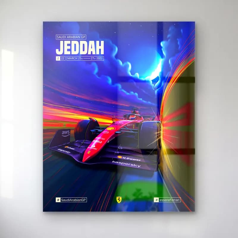 Cidde Grand Prix Ferrari Posteri cam tablo — Mavi bulutlu gökyüzü altında Cidde pistinde yarışan kırmızı Ferrari