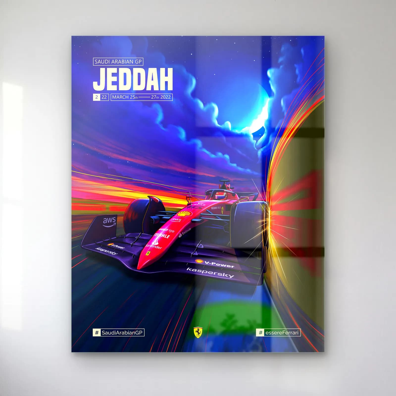 Cidde Grand Prix Ferrari Posteri cam tablo — Mavi bulutlu gökyüzü altında Cidde pistinde yarışan kırmızı Ferrari