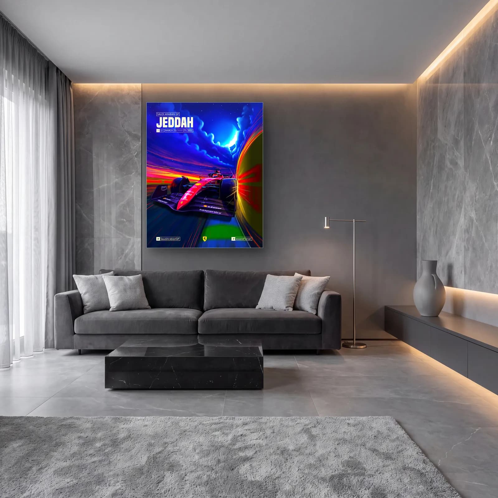 Cidde Grand Prix Ferrari Posteri cam tablo — lüks salon duvarında