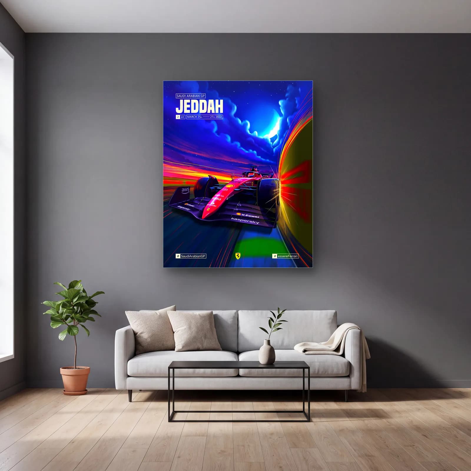 Cidde Grand Prix Ferrari Posteri cam tablo — gri duvarlı salonda