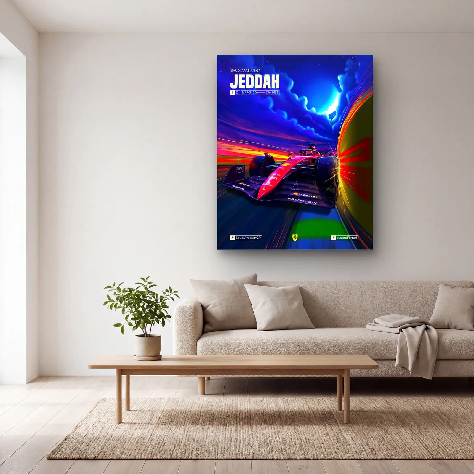 Cidde Grand Prix Ferrari Posteri cam tablo — açık renk salonda