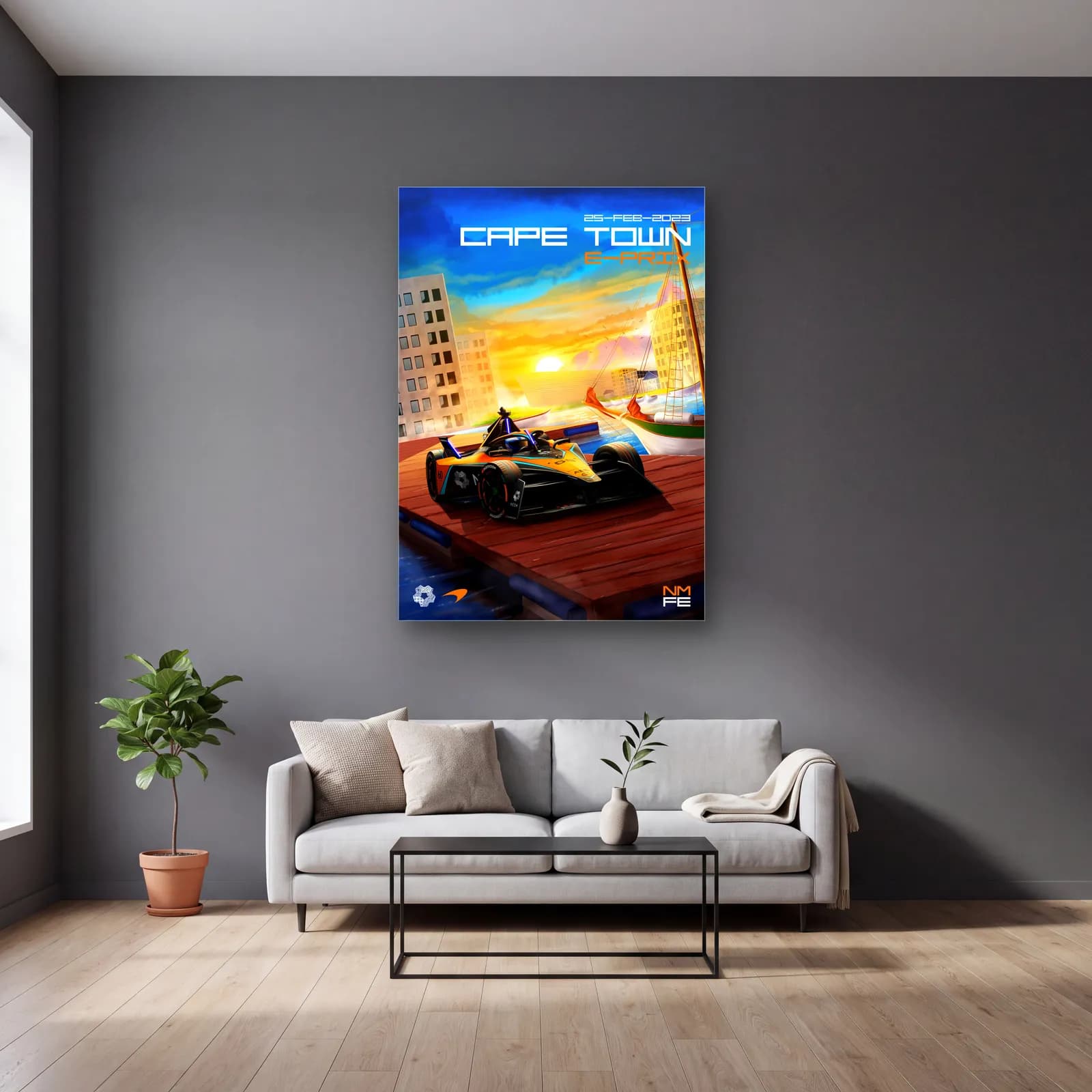 Cape Town E-Prix Posteri cam tablo — gri duvarlı salonda