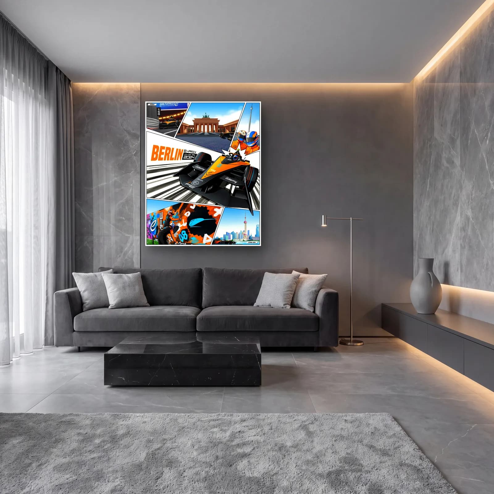 Berlin E-Prix Çizgi Roman Posteri cam tablo — lüks salon duvarında