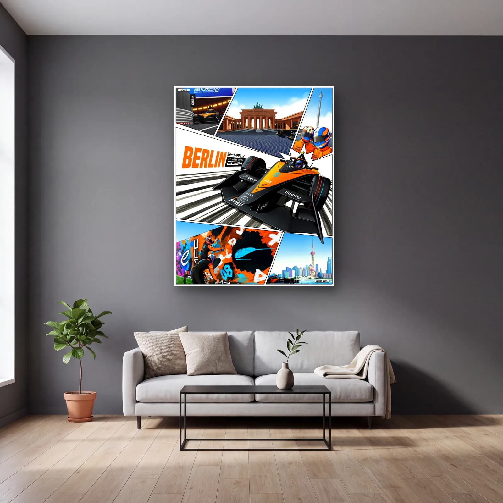 Berlin E-Prix Çizgi Roman Posteri cam tablo — gri duvarlı salonda