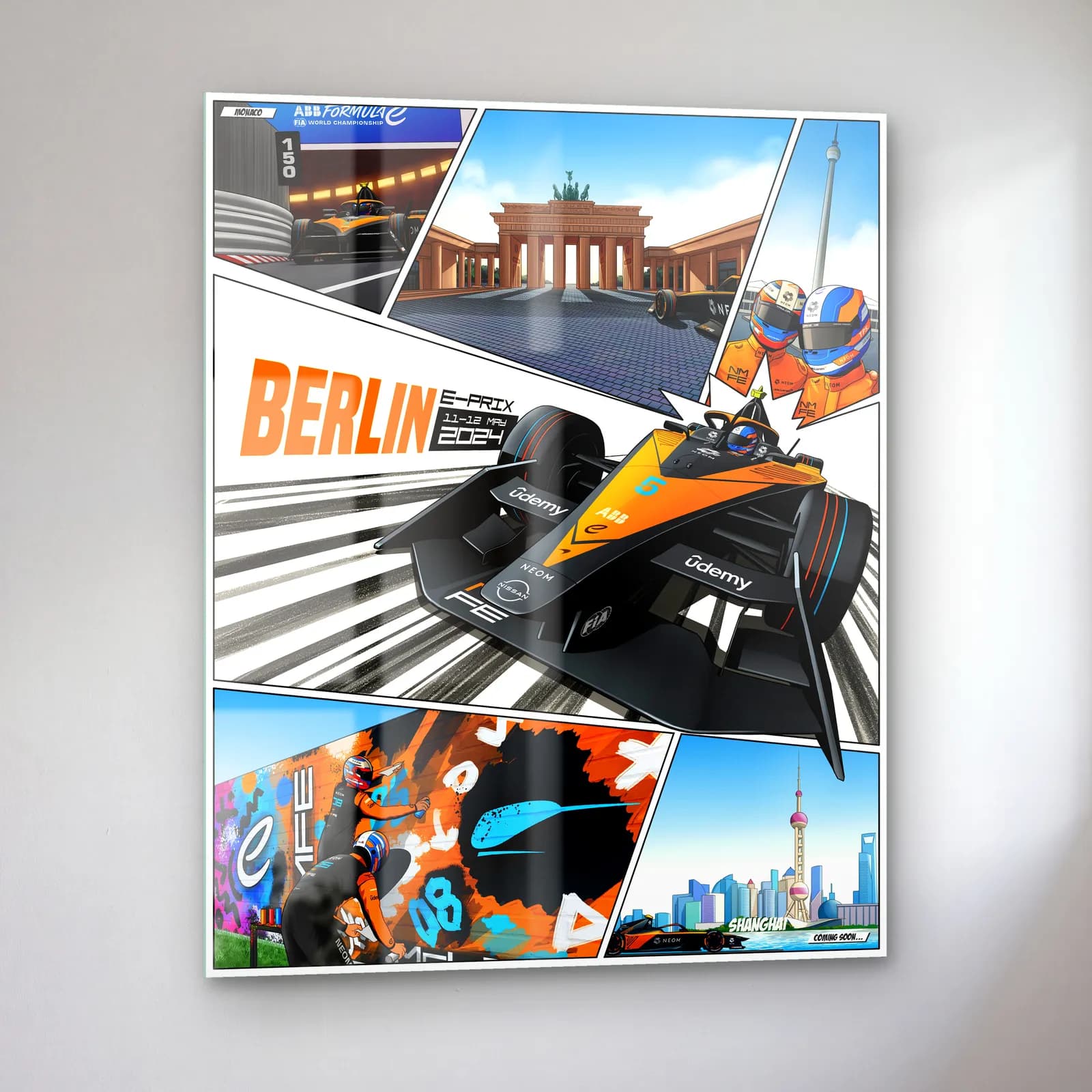 Berlin E-Prix Çizgi Roman Posteri cam tablo — sol açıdan görünüm