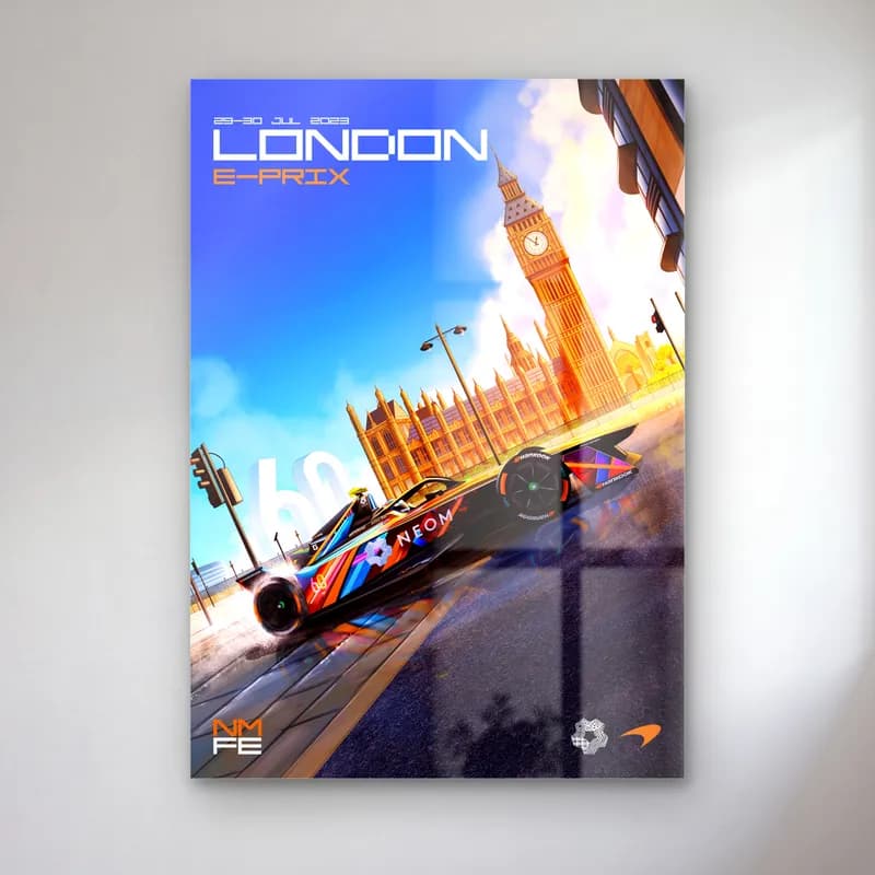 Londra E-Prix Big Ben Posteri cam tablo — Big Ben ve parlamento binası önünde viraj alan Formula E aracı