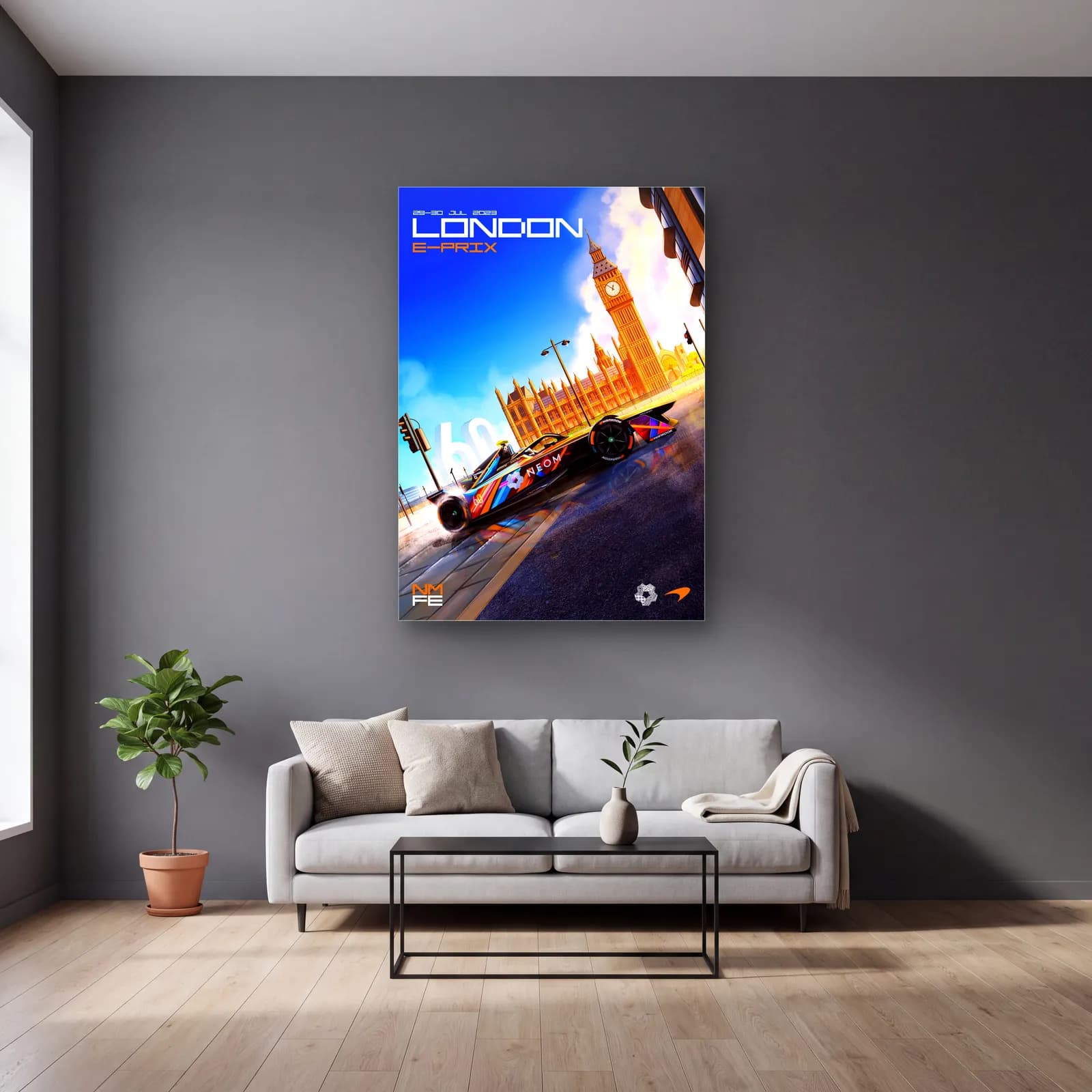 Londra E-Prix Big Ben Posteri cam tablo — gri duvarlı salonda