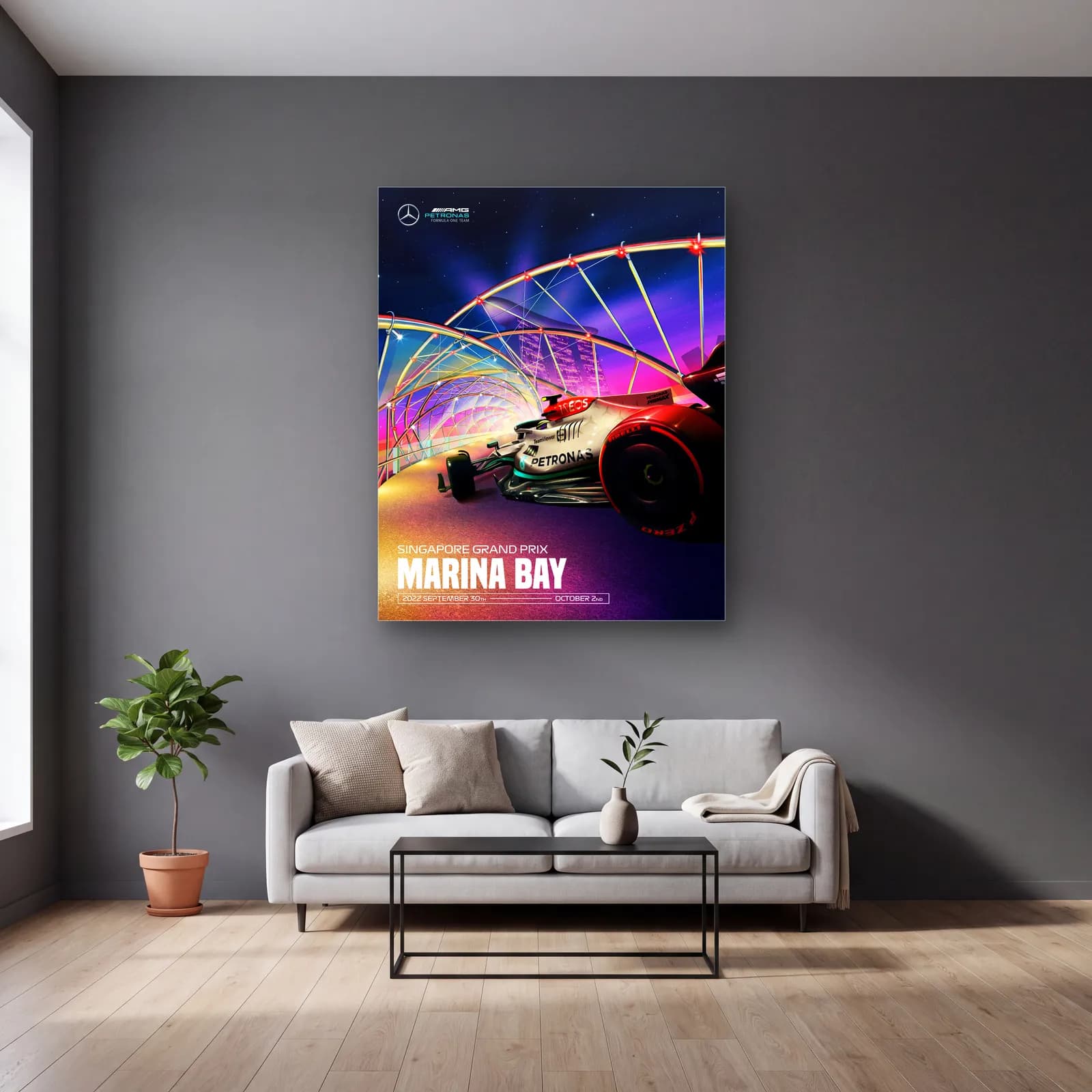 Singapur Marina Bay Mercedes Posteri cam tablo — gri duvarlı salonda