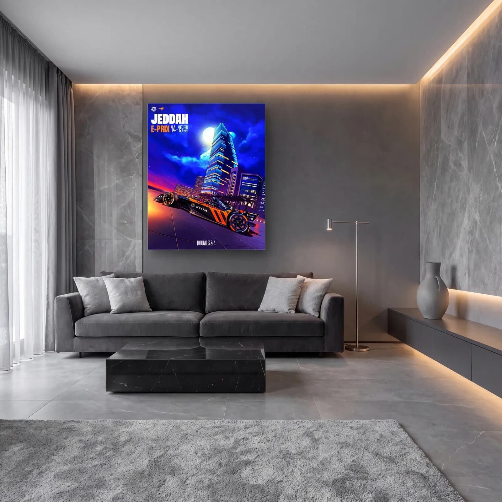 Cidde E-Prix Gece Posteri cam tablo — lüks salon duvarında