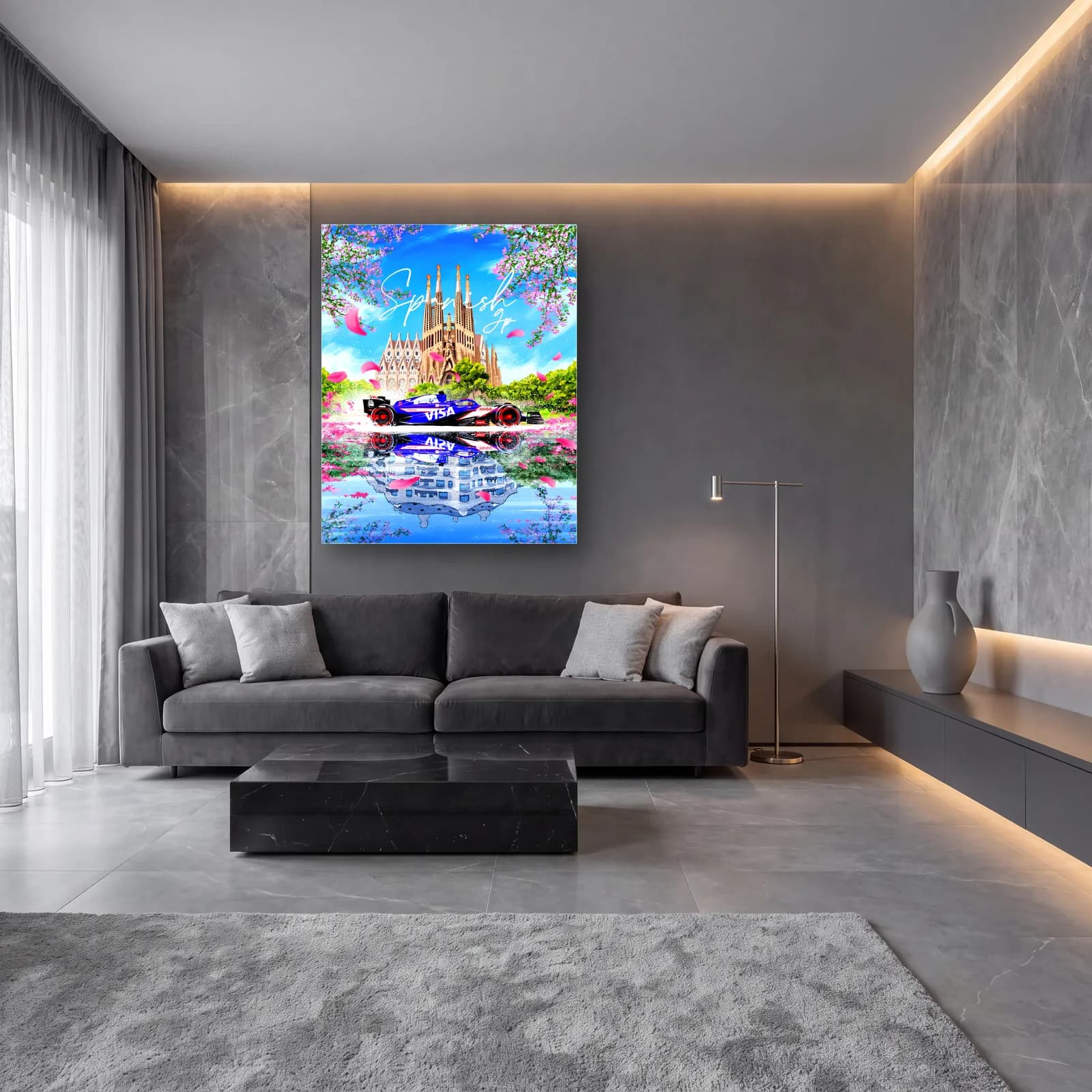 İspanya Grand Prix Sagrada Familia Posteri cam tablo — lüks salon duvarında