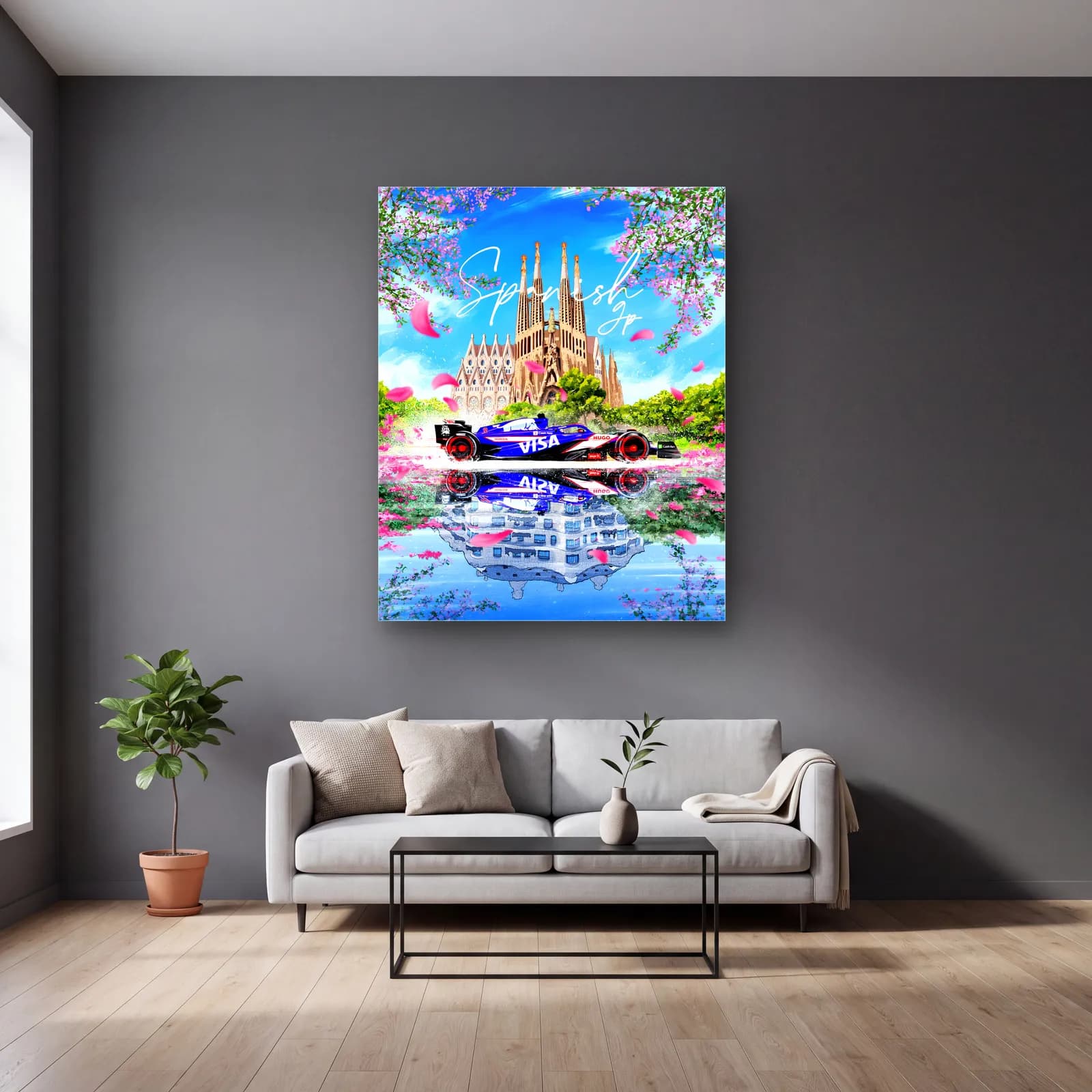 İspanya Grand Prix Sagrada Familia Posteri cam tablo — gri duvarlı salonda