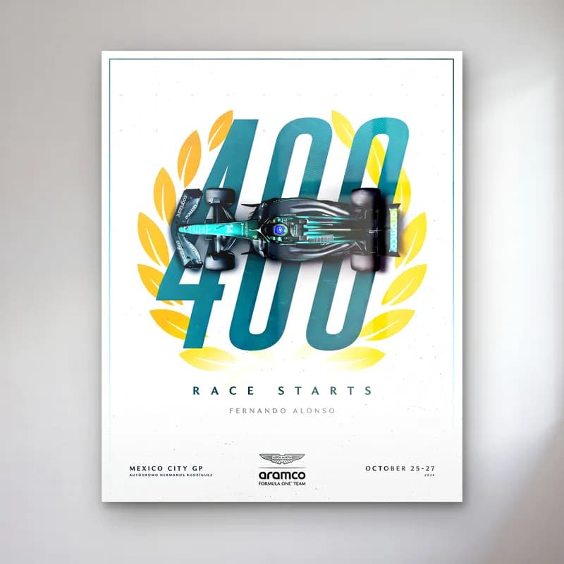 Fernando Alonso 400 Yarış Posteri cam tablo — Defne çelengi içinde büyük 400 rakamı ve üstten görünen yeşil F1 aracı