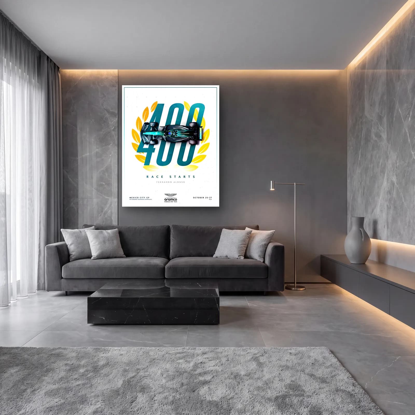 Fernando Alonso 400 Yarış Posteri cam tablo — lüks salon duvarında