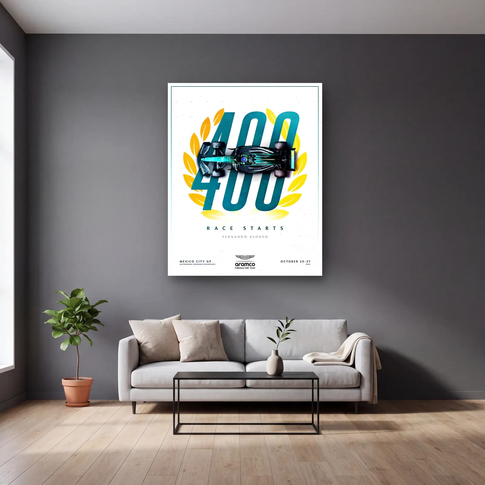 Fernando Alonso 400 Yarış Posteri cam tablo — gri duvarlı salonda