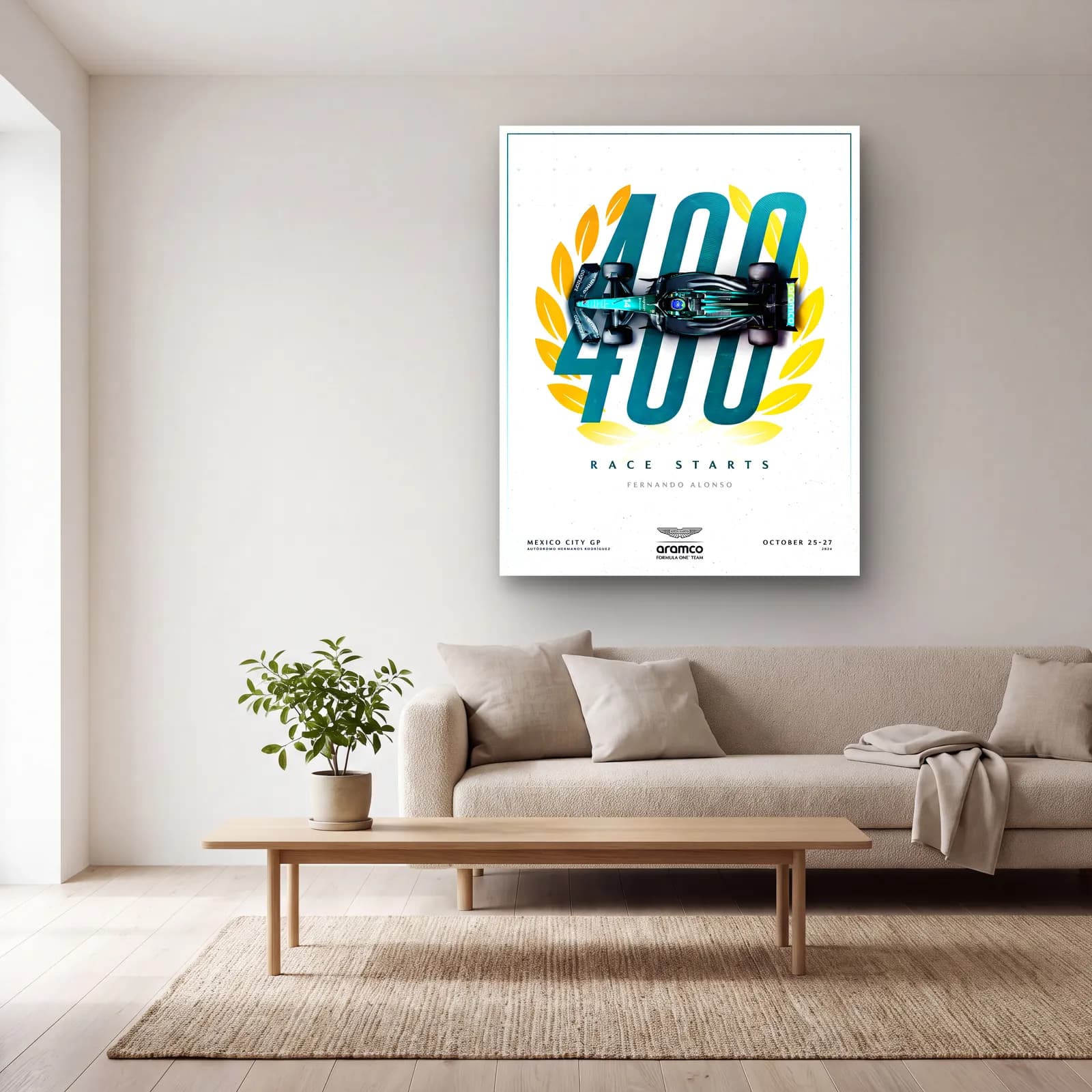 Fernando Alonso 400 Yarış Posteri cam tablo — açık renk salonda