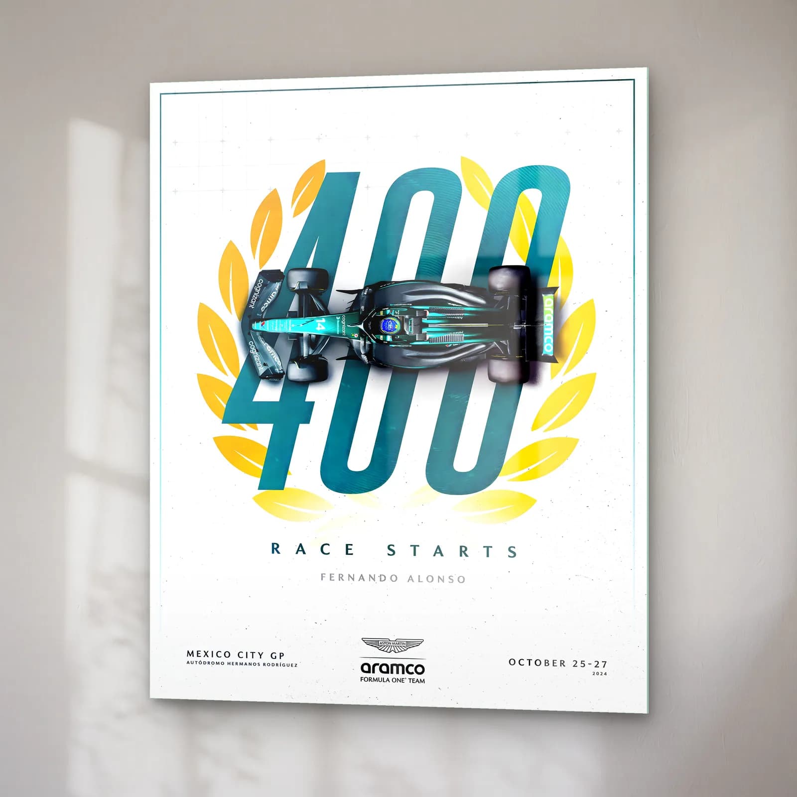 Fernando Alonso 400 Yarış Posteri cam tablo — sağ açıdan görünüm